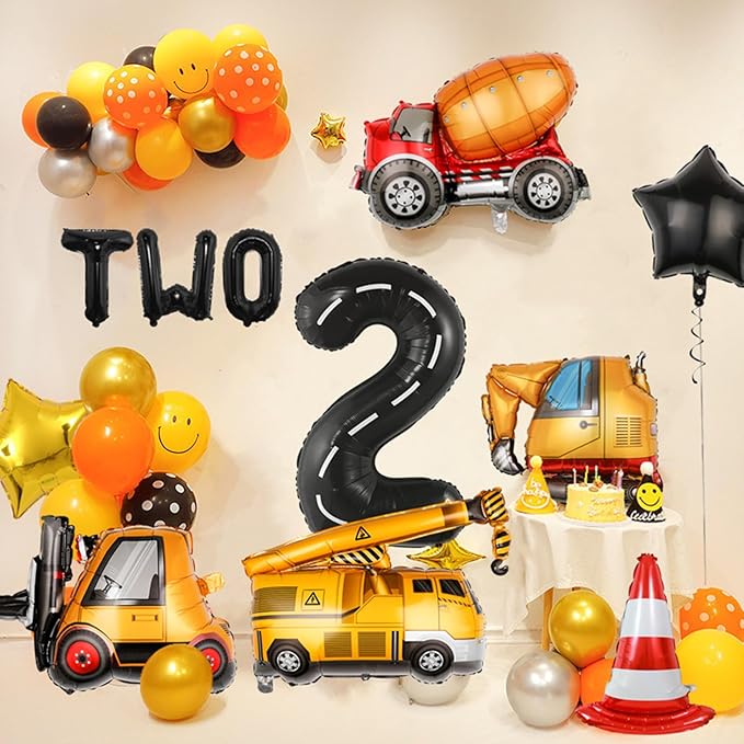 13pcs Construction Theme Birthday Party Decorations, Number 2 Large Construction Truck Traffic Cones Foil Balloon, 2nd Boy Birthday Party Decoration Supplies (2nd)