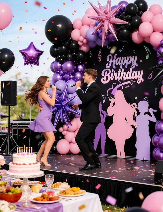 Pink and Purple Balloon Arch Garland Kit, 109PCS Pink Purple Black Balloons with Starburst Foil Balloons, Trendy Music Birthday Decorations for Girls and Teens, Concert and Movie Fans Party Supplies
