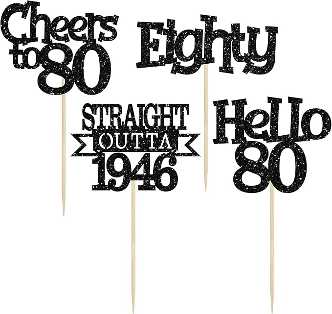 Ephlyn 24Pcs Happy 80th Birthday Cupcake Toppers Glitter Straight Outta 1946 Cupcake Picks Hello 80 Cheers to 80 Years Birthday Cake Decorations for 80th Birthday Anniversary Party Supplies Black