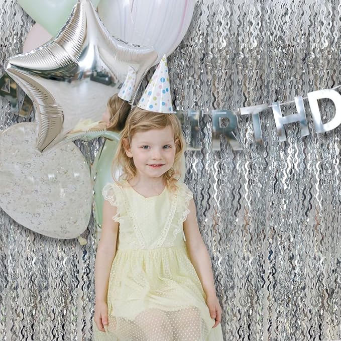 Silver Birthday Party Decorations 10pcs Silver Streamers Foil Fringe Backdrop Curtains Photo Booth Props Prom Decorations for Bachelorette, Engagement, Disco Party, Graduation,Wedding, Anniversary