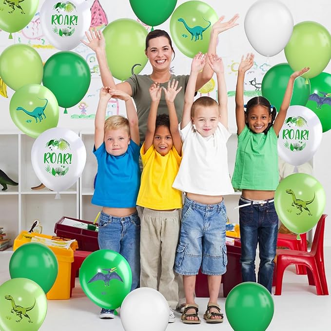 Dinosaur Balloons, 12 Inch Dino Printed Balloons Green White Lime Green Latex Balloons for Birthday Party Jungle Dinosaur Themed Decoration for Boys Birthday Party Baby Shower Supplies