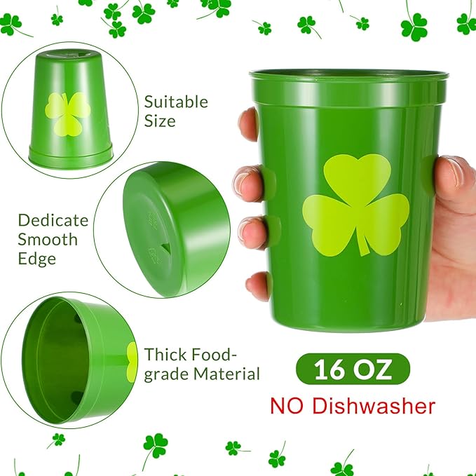 Patelai 32 Pcs St Patricks Day Party Plastic Cups Bulk 16 oz Reusable Lucky Shamrock Cups for St Patricks Day Party Adults Drink Snacks Irish Festival Favors Supplies(Green)