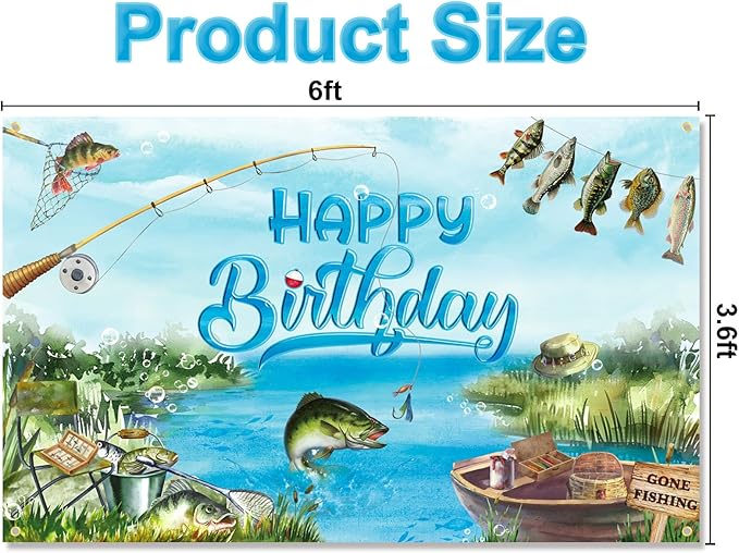Fishing Birthday Party Decorations Gone Fishing Happy Birthday Banner, Fishing Themed Background Bass Fishing Party Supplies for Adults and Kids 6 x 3.6 ft