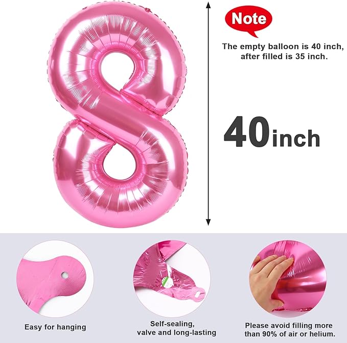 40 Inch Number 8 Balloon, Pink 8 18 28 80 Birthday Balloons for Men Boys, 8th Birthday Decorations Party Supplies, Wedding, Graduations
