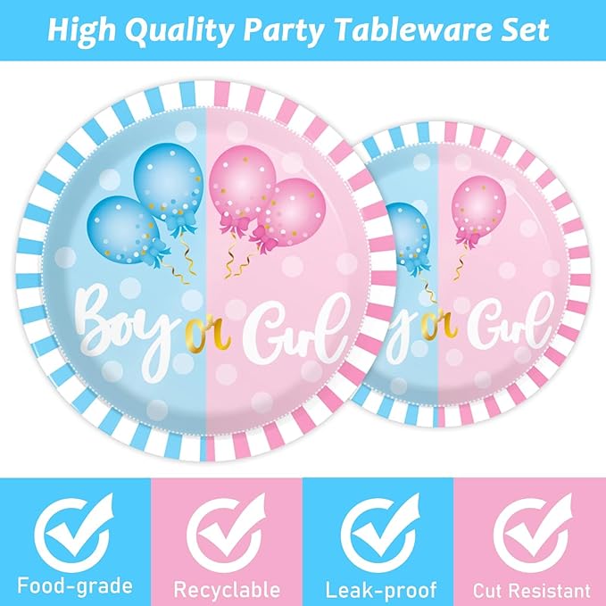 96 Pieces Gender Reveal Party Decorations Supplies He or She Party Tableware Set Pink or Blue Gender Reveal Party Dessert Plates Napkins Forks Favors 24 Guests