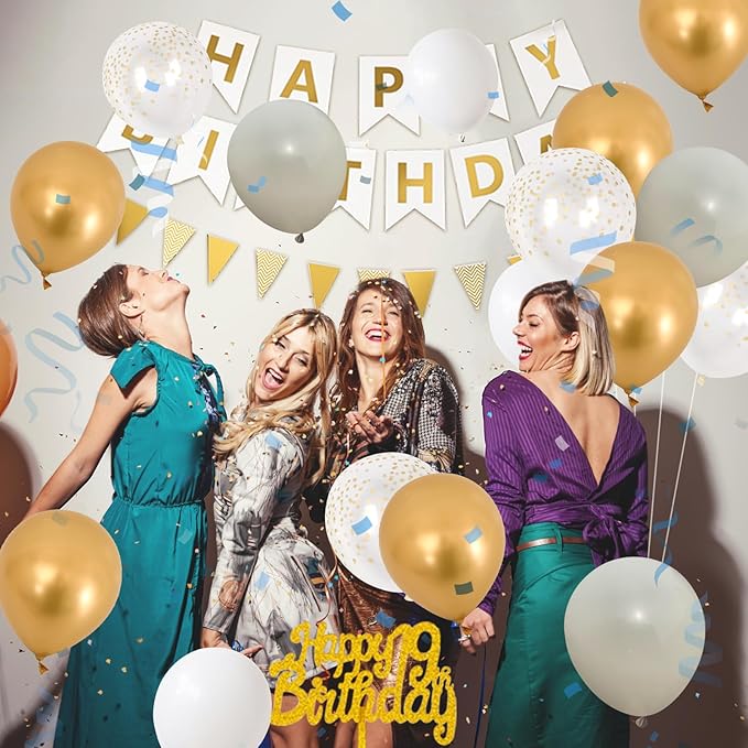 19th Birthday Party Decorations, Gold White Happy Birthday Decorations With Number 19 Balloons Beige Sand White Latex Balloon Champagne Fringe Curtain Cake Topper Banner For 19th Party Supplies