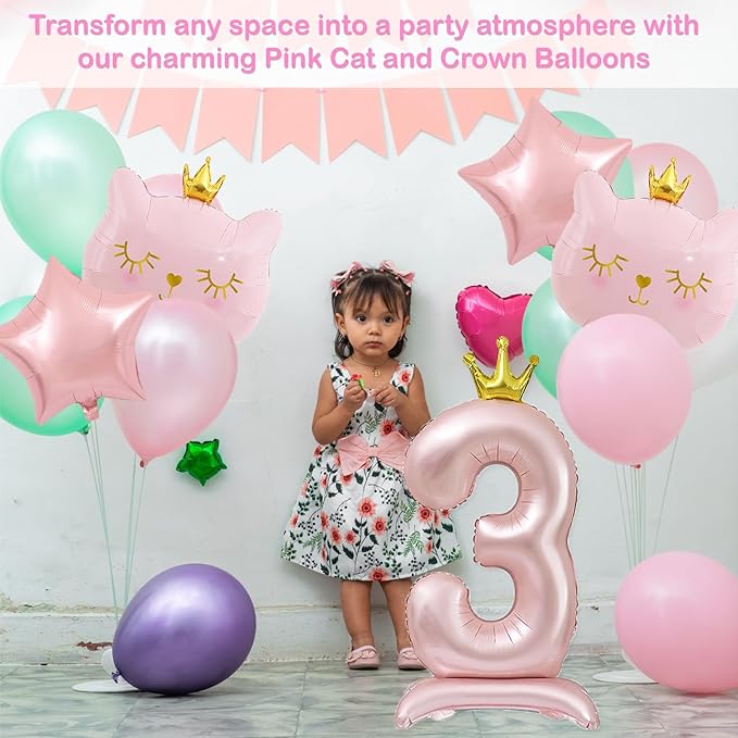 Pink Cat Balloon Set, Crown Cat Foil Balloon, 3 Year Old Girl Birthday Party Decoration, Cat Theme Party Decoration, Theme Party Supplies for Girls Kitten Pet Cat (3)