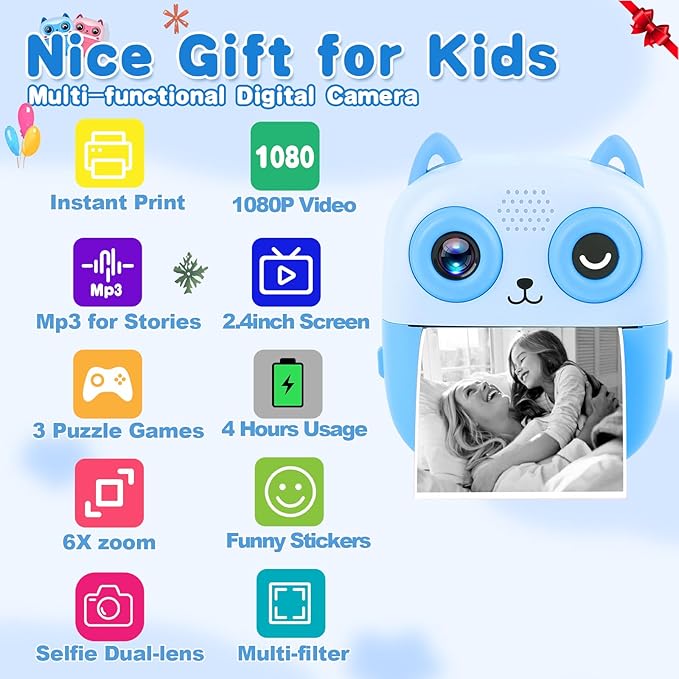 Kids Camera Instant Print, 32G 1080P HD Dual-Lens Selfie Digital Cameras, Christmas Birthday Gifts for Girls Boys, Toddler Portable Toys for 3 4 5 6 7 8 9 10 Year Old Girl-Blue