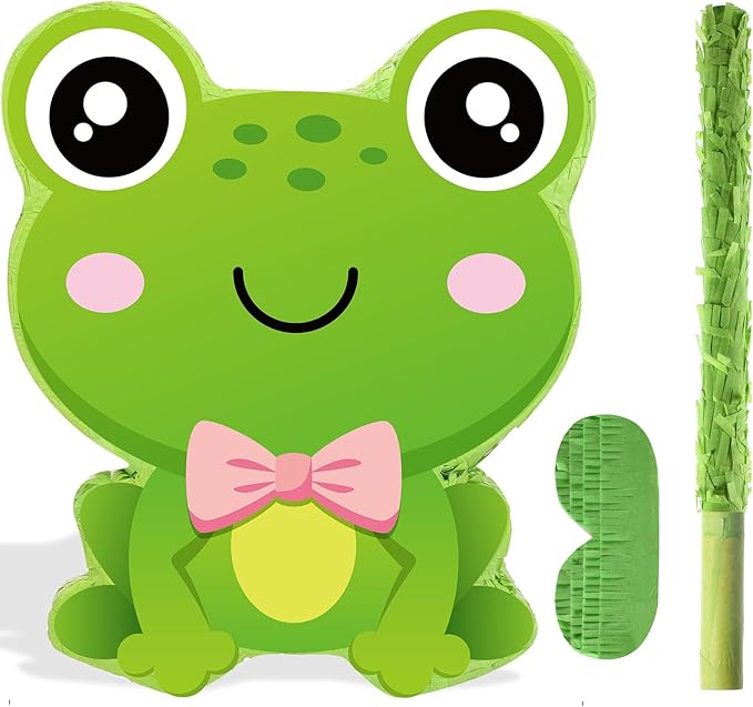 Aoriher Frog Piñata with Stick Blindfold & Confetti - Birthday Party Favors Decorations for Animal Theme Party Supplies Toys Outdoor Games, 15 x 13 x 3.2 Inch