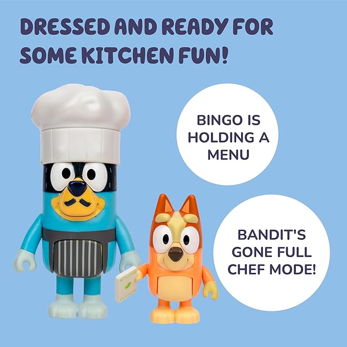 Bluey 4-Pack Toy Figure Playset, Let’s Play Chef Pavlova Toddler Figurine Toys Set with Chef Accessories, Poseable Figurines for Kids Ages 3-5