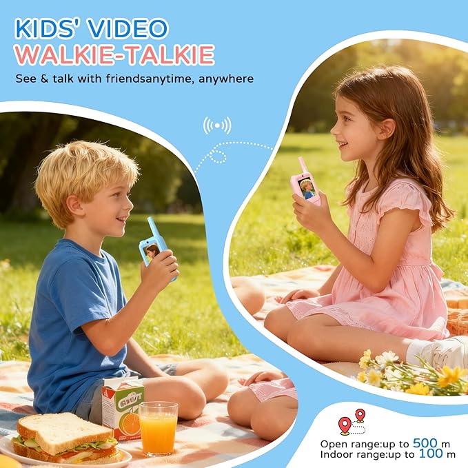 Kids Walkie Talkies for 3-12 Year Old Boys & Girls, 2 Pack Children Two-Way Radios with Video Call, Voice Chat, Camera & Album, Auto Pairing, 1148ft Range for Indoor Outdoor, Camping, Hiking