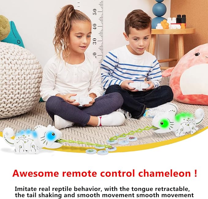 Interactive Remote Control Chameleon Simulation Toy for Kids - 2.4GHz RC Reptile with 5 Sound Effects, 12 Color Lights, Extending Tongue & Wagging Tail, Children Aged 3-12 Discovery Toys (White)