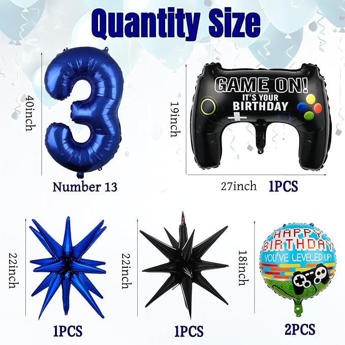 17pcs Video Game Themed Party Decorations, Number 13th Boys Birthday Party Supplies, Navy Blue Video Game Controller Mylar Foil Balloon, Video Game Party Decoration Supplies