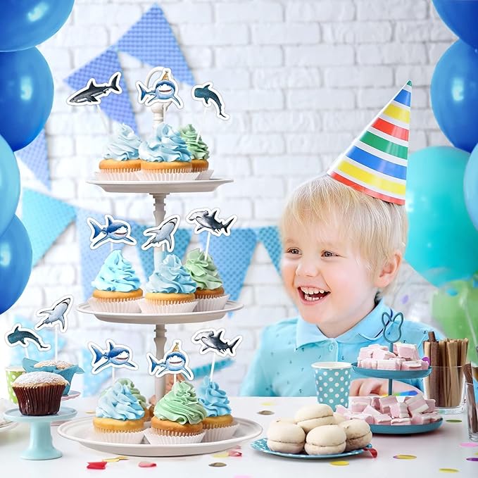 WERNNSAI 36 PCS Shark Cupcake Toppers - Shark Cake Toppers Ocean Birthday Party Decorations Summer Cake Toppers Under The Sea Cake Decors for Kids Ocean Baby Shower Party Supplies
