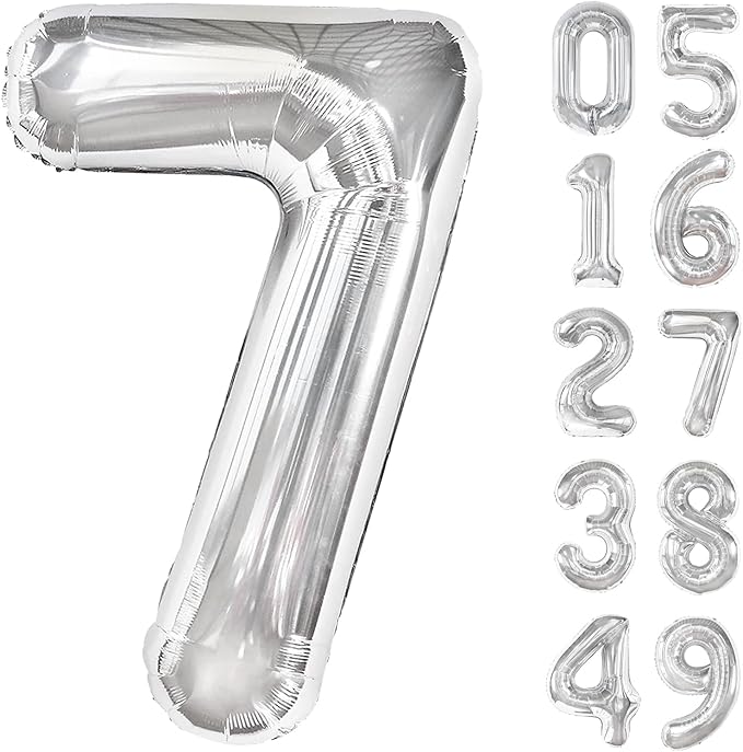 Silver Number 7 Birthday Balloon 40 Inch, Digital Balloons for 7 17 27 70 77 Party Celebration Decorations Supplies, Mylar Foil Numbers Balloon for Seven Wedding Anniversary