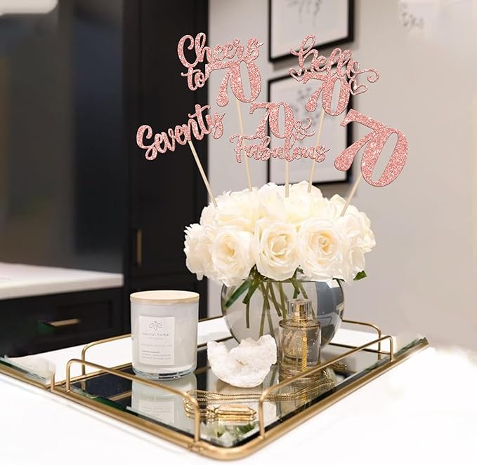 15PCS Happy 70th Birthday Centerpiece Sticks Seventy Hello 70 Cheers to 70 Table Flower Centerpieces Sticks 70 Fabulous Floral Decorations for Happy 70th Birthday Party Centerpieces Supplies Rose Gold