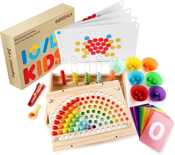 Montessori Toddler Learning Sorting Toys for 3-6 Year Olds - Rainbow Stacking, Number & Bead Matching Games with Wooden Peg Board, Develop Fine Motor Skills, Color & Math Skills
