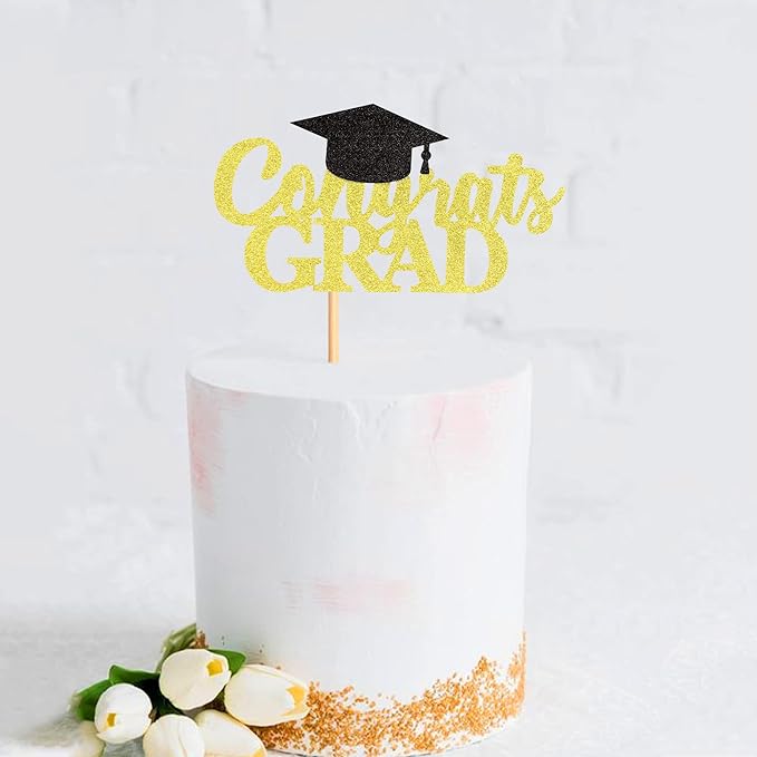 Gold Glitter 2026 Congrates Grad Cake Topper Congrats Grad Cap Cake Picks Graduation Food Picks for Graduate Party Decorations Supplies