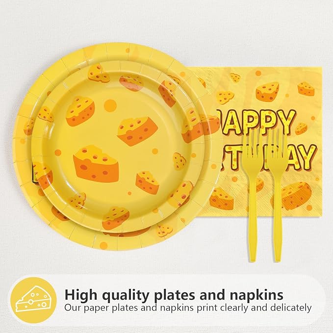 96Pcs Cheese Birthday Party Decorations Pizza Cheese Birthday Plates and Napkins Tableware Set Cartoon Funny Cheesy Party Decorations for Boys Girls Baby Shower Macaroni Party Supplies Serves 24
