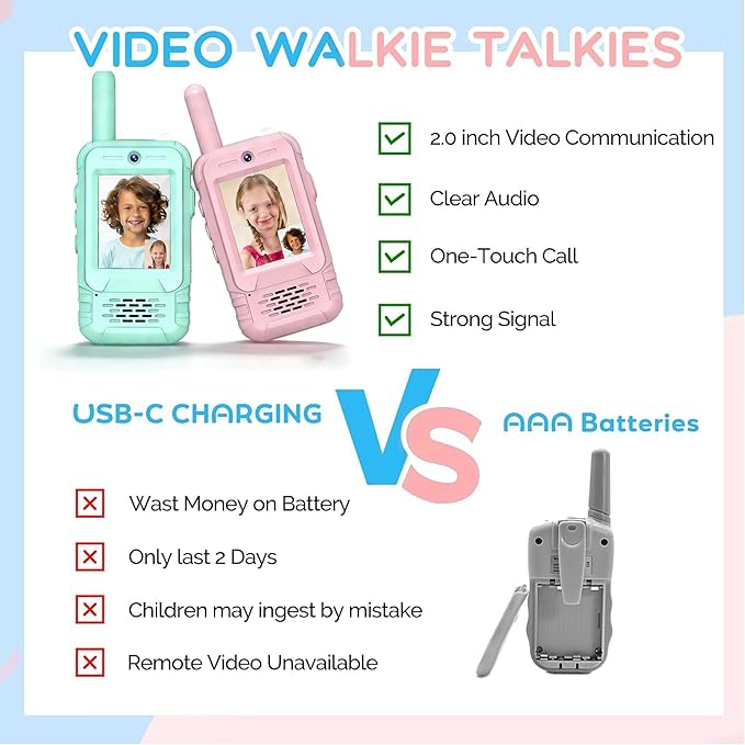 2 Pack Rechargeable Video Walkie Talkies for Kids - Long Range 2-Way Radios with Built-in Torch Light, Belt-Clip Design, Video Intercom & Voice Effects, Gifts & Toys for 3-12 Boys Girls
