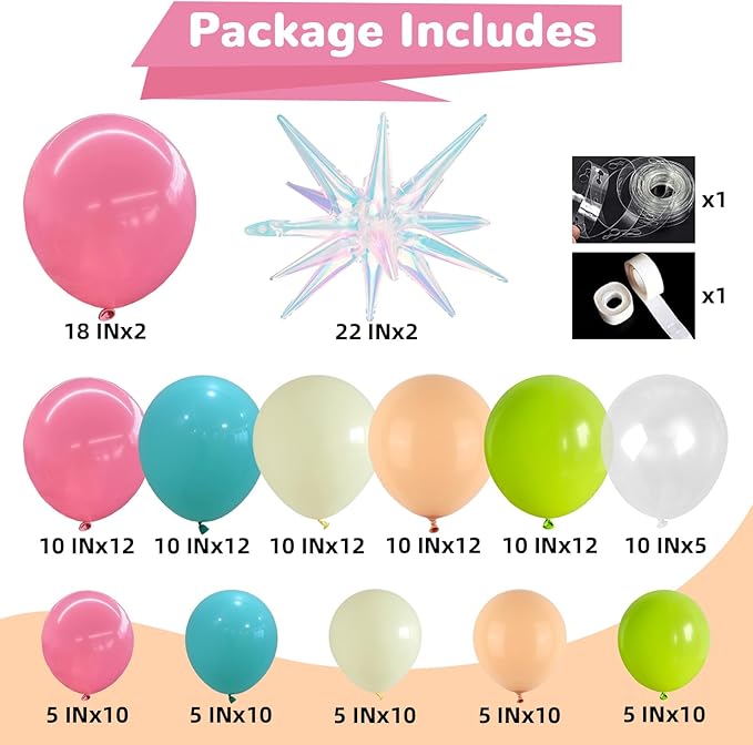 Summer Tropical Balloon Arch Garland Kit Iridescent Star Balloons and Transparent Balloon Teal Pastel Pink Orange Yellow Lime Green Balloons for Hawaiian Luau Aloha Birthday Pool Party Decor