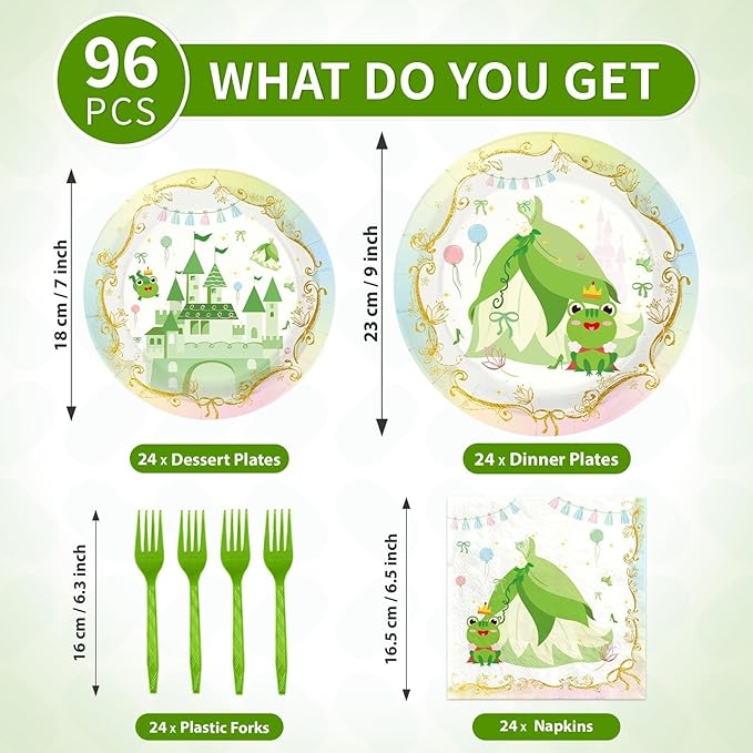 96Pcs Princess Frog Party Supplies Green Frog Plates and Napkins Green Princess Dress Tableware Set for Girls' Fairytale Baby Shower Magical Party Decorations Serves 24