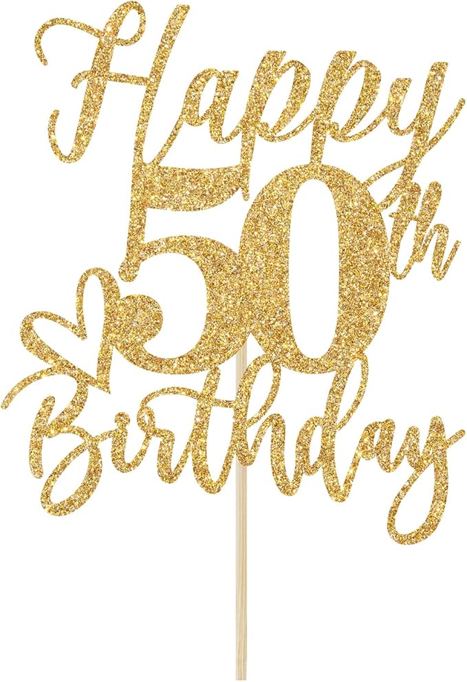 Happy 50th Birthday Cake Topper, 50th Birthday Cake Decorations, Cheers to 50 Years, 50 Fabulous, 50th Happy Birthday Party Decorations Gold Glitter