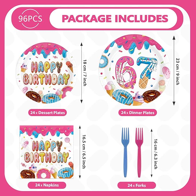 96Pcs Donut 6 7 Birthday Decorations 6/7 Birthday Plates and Napkins 67 Themed I was 6 Now I'm 7 Disposable Paper Tableware Set for Kids Boys Girls 6-7 Year Old Party Supplies Serves 24