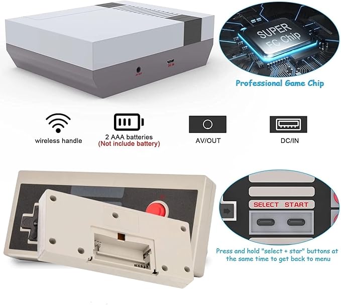 Retro Game Console, Wireless Retro Gaming System, Built-in 620 Classic Video Games, Plug & Play Game Console for TV with AV Output and 2 Wireless Controllers (Gray)