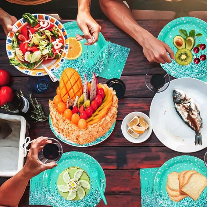 Teal and Silver Tableware Set for Happy Birthday Table Decorations Breakfast Blue Birthday Theme Dessert Plates Napkins Forks Silver Glitter Party Supplies for 25 Guest