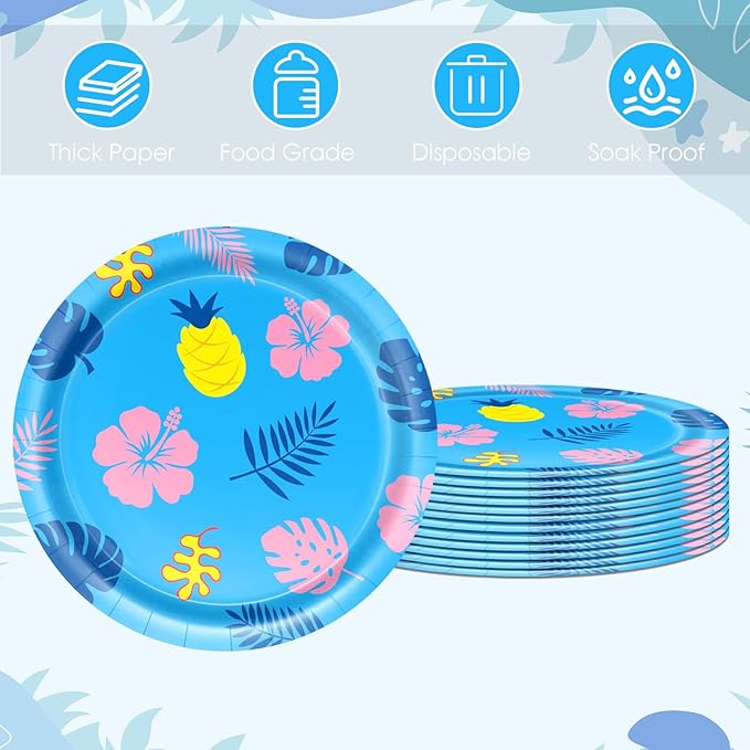Blue Cartoon Birthday Party Supplies 20Pcs 9 Inch Hawaiian Tropical Cartoon Plates, for Baby Shower Girls Boys Birthday Party Luau Picnic Summer Holiday BBQ School Event Hawaiian Party Decorations