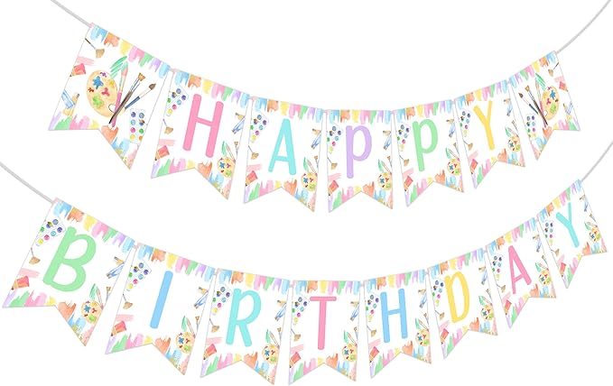 Art Party Decorations Girl Pastel Happy Birthday Banner Pre-Strung Macaron Crayon for Rainbow Painting Drawing Artist Theme Party Supplies