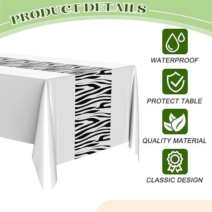 Buryeah 3 Pcs Zebra Tablecloth Zebra Print Plastic Table Cloth Disposable Tablecloth Animal Safari Table Cover 54 x 108'' for Baby Shower Wedding Birthday Party Decorations Supplies (White)
