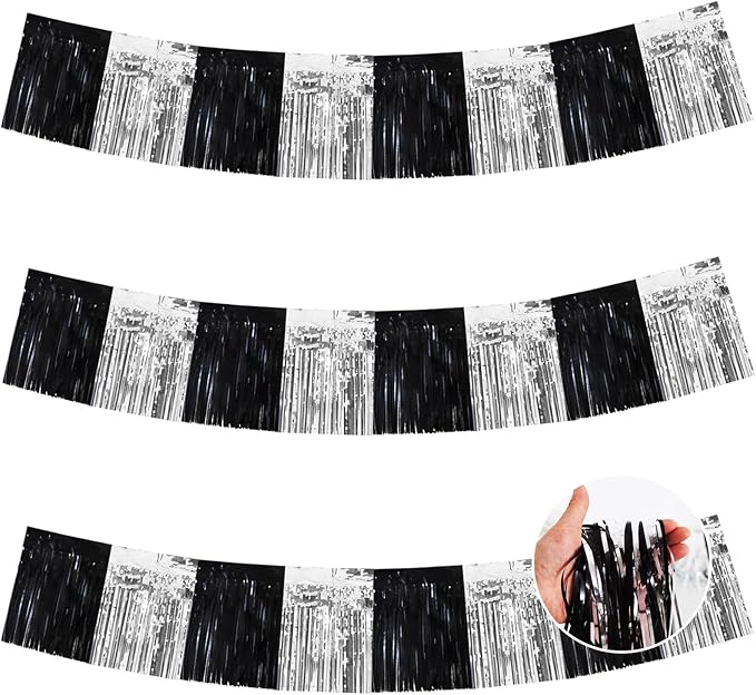 BEISHIDA 3 Packs Metallic Foil Fringe Garland Black Silver Wall Hanging Tinsel Fringe Banners for Car Floats Bridal Shower Wedding Birthday Easter Graduation Holiday Party Decoration(30 Feet)