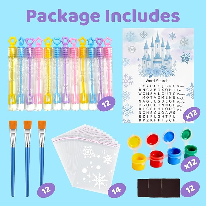 Frozen Party Favors – 12 PCS DIY Winter Wooden Painting Crafts with Bubble Wands - Frozen Birthday Party Supplies, Decorations, Goodie Bag Fillers