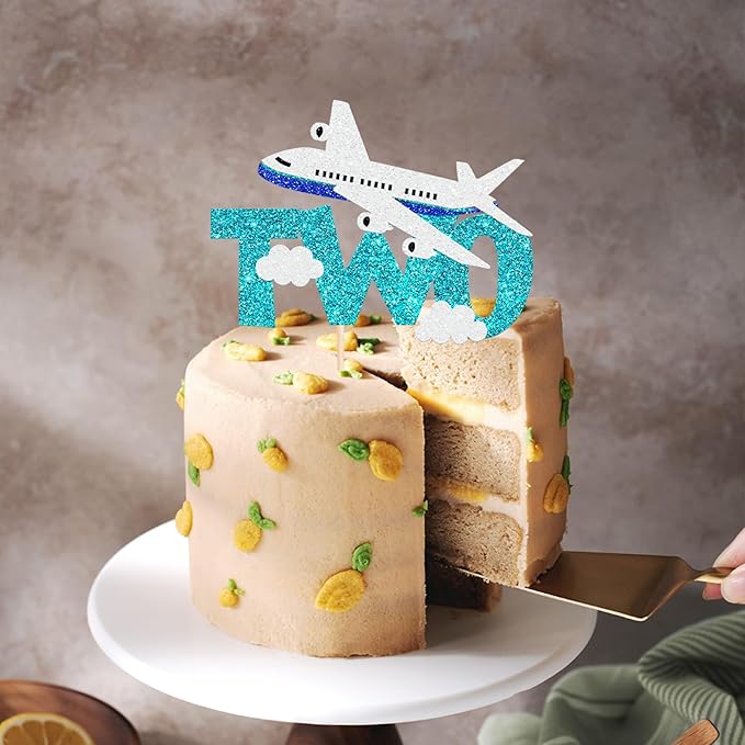 1 Pack Two Airplane Cake Topper Glitter Airplane Sign Oh How Time Files Cake Pick Second Birthday Cake Decorations for Plane Theme 2nd Year Old baby shower Birthday Party Supplies Blue White