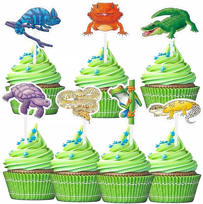 WERNNSAI 35 PCS Reptile Cupcake Toppers - Reptile Birthday Party Decorations for Kids Boys Snake Frog Cake Toppers Reptile Party Leopard Gecko Dessert Cake Insert Jungle Camping Cupcake Supplies