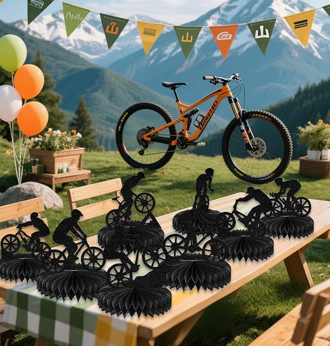 8Pcs Bike Honeycomb Centerpiece Bicycle Birthday Table Decoration Mountain Bike Birthday Party Decoration Sport Theme Birthday Bachelorette Party Supplies Double-Side Black Glitter