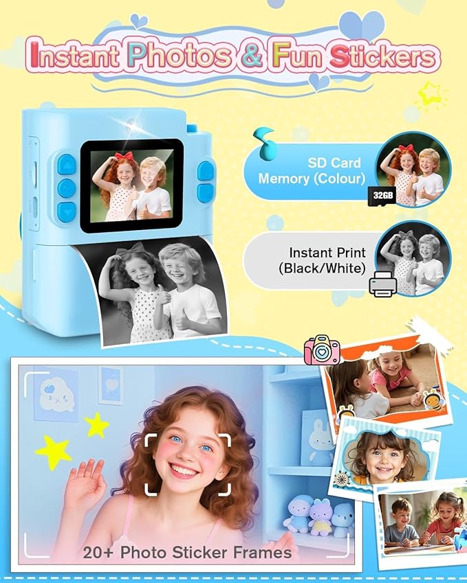 Mason & Friends Kids Instant Print Camera – 1080P HD Digital Camera for Boys & Girls Ages 3–10 | Photo, Video, Music & Games | Includes 32GB SD Card – Perfect Birthday (Blue)