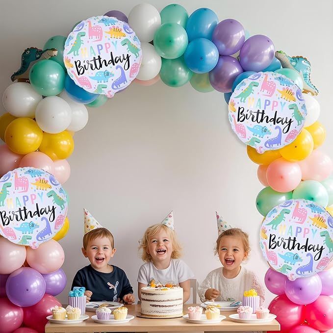 18" Dinosaur Balloons for Party Decorations, 4pcs Colorful Mylar Round Dinosaur Balloon, HAPPY Birthday Dino Foil Balloons for Kids Jungle Dino Themed Baby Shower Birthday Party Decor Supplies