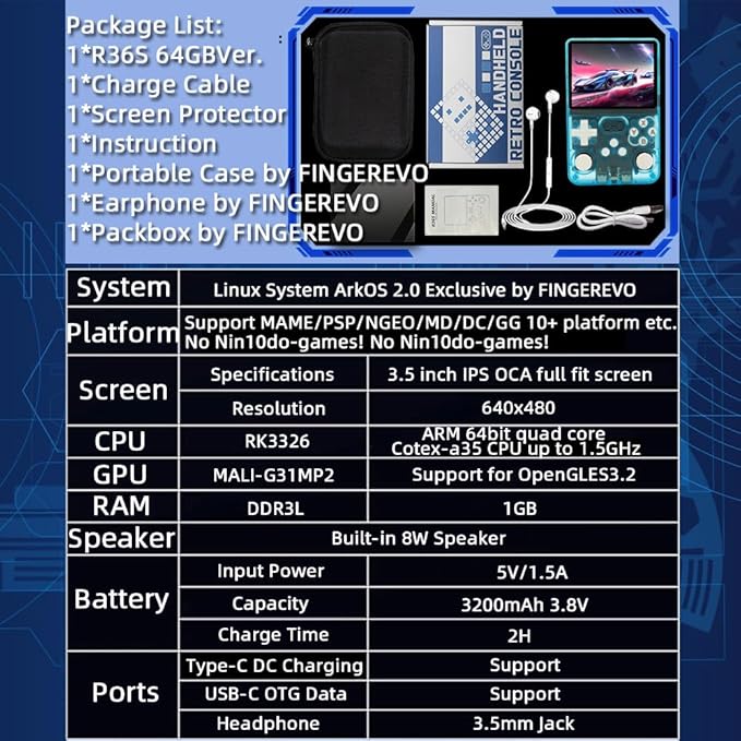 R36S Handheld Game Console 3.5-in 640*480 IPS OCA Screen 3200mAh Opensource System RK3326 Blue Transparent
