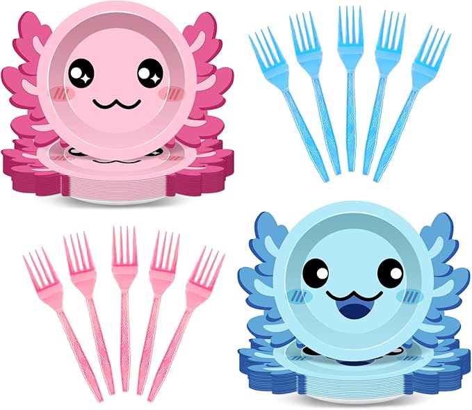 80Pcs Axolotl Birthday Party Plates 7 Inch Dessert Plates and Forks Cartoon Axolotl Dinner Paper Plates Dinnerware for Kids Boys Girls Party Baby Shower Decorations Supplies Favors
