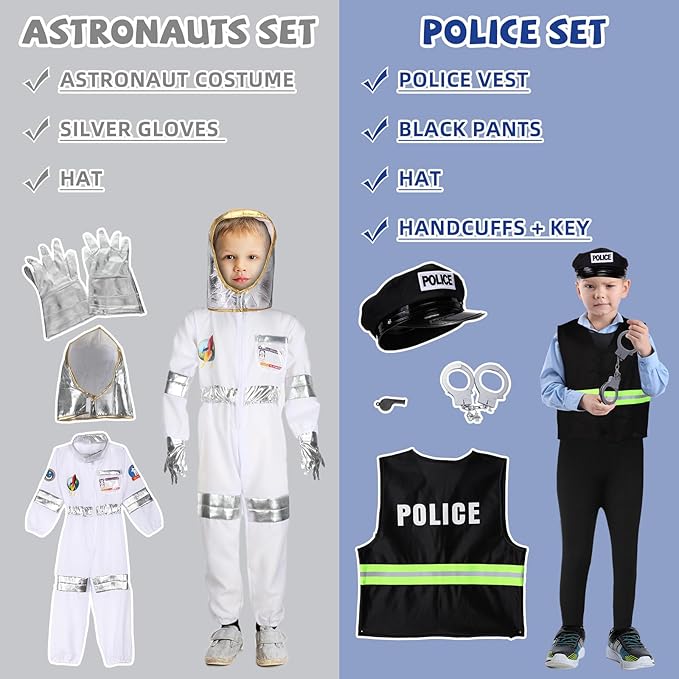 Vicenpal 8 Sets Pretend Play Kids Costumes Set Christmas Gifts Washable Chef Construction Policeman Fireman Doctor Astronaut Costumes for Boys Toddler Girls Kids