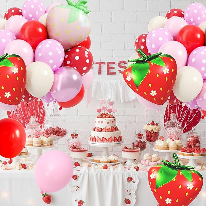 Strawberry Balloon, 12 Inch Strawberry's Party Decorations with Red Pink Ivory White Polka Dots Balloons Strawberry Foil Balloon for Sweet One Berry First Birthday Cake Party Supplies