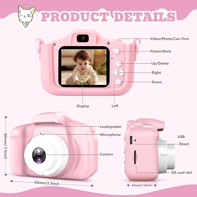 KOOMTOOM Digital Camera for Kids,HD 1080P Video Kids Camera Toddler Toys Gift for 3-12 Years Old,5 Games & Filters,32GB SD Card,Surprise Box Included (Pink)