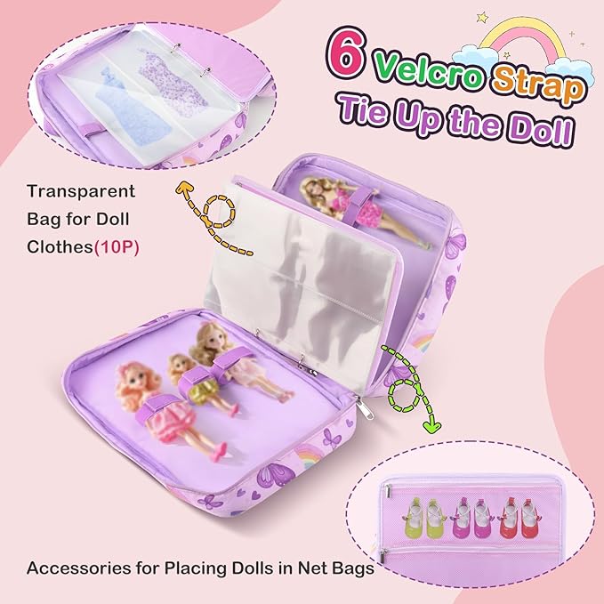 Doll Carrying Case Accessory Organizer Storage, Case to Hold Dolls and Clothes, Much Pocket for Doll’s Clothes, Accessories, Fits 6 Dolls & Accessories, Secure Straps Protect Dolls - Purple