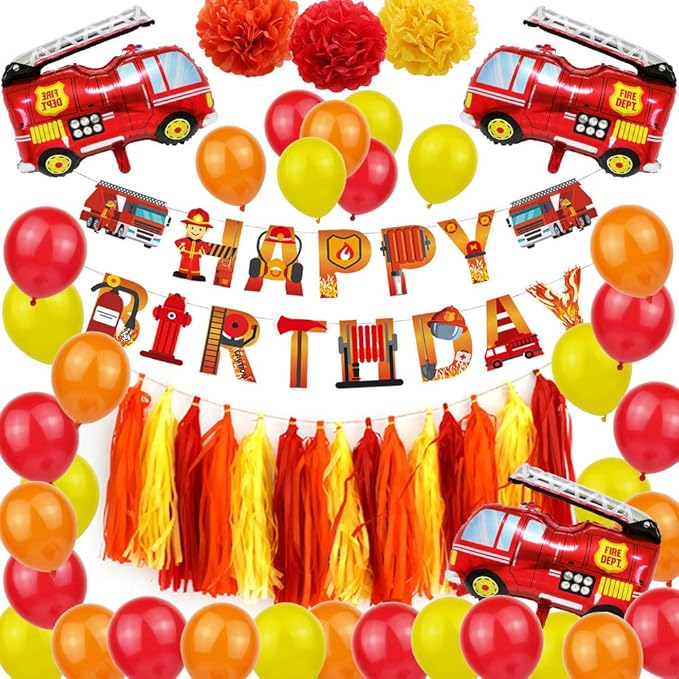 Fire Truck Party Supplies - Fireman Happy Birthday Banner, Paper Pom Pom Tissue Tassels, Firefighter Birthday Balloon, Fire Truck Party Decorations
