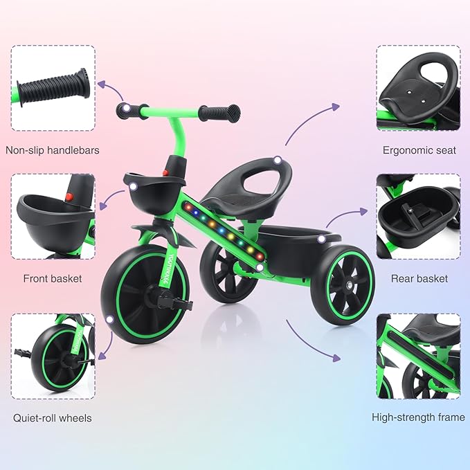 Kids Tricycle with Colorful LED Lights for Toddlers 1-3 Years, Stable 3-Wheel Design & Storage Basket for Fun Indoor Outdoor Ride, Gift for Baby Boy Girl