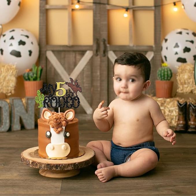 1 PCS My 5th Rodeo Cake Topper Brown Glitter Cactus Five Birthday Cake Pick Decoration for Western Little Cowboy Theme Baby Shower Kids 5th Birthday Party Cake Decorations Supplies