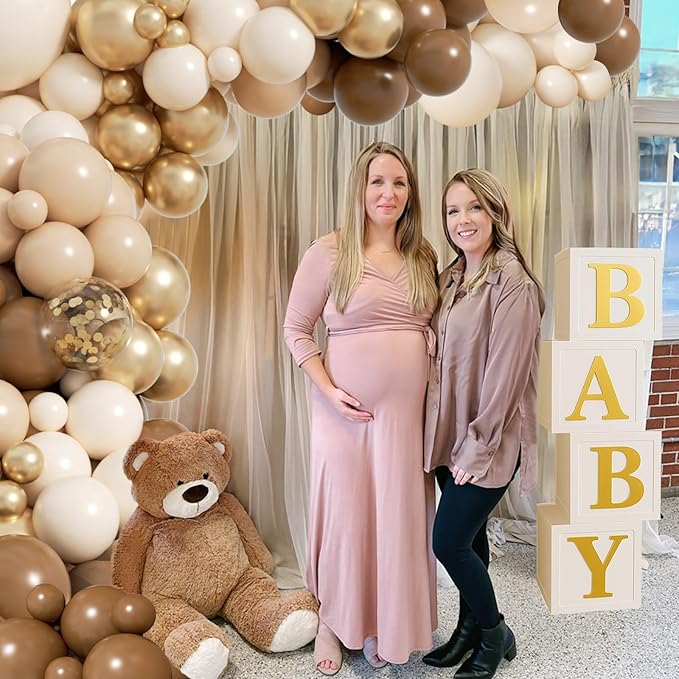 Neutral Baby Shower Decorations, Brown and Gold Balloon Arch Kit With Balloon Boxes Gold Letter for Neutral Bear Baby Shower Boho Gender Reveal Birthday Party Decorations Supplies